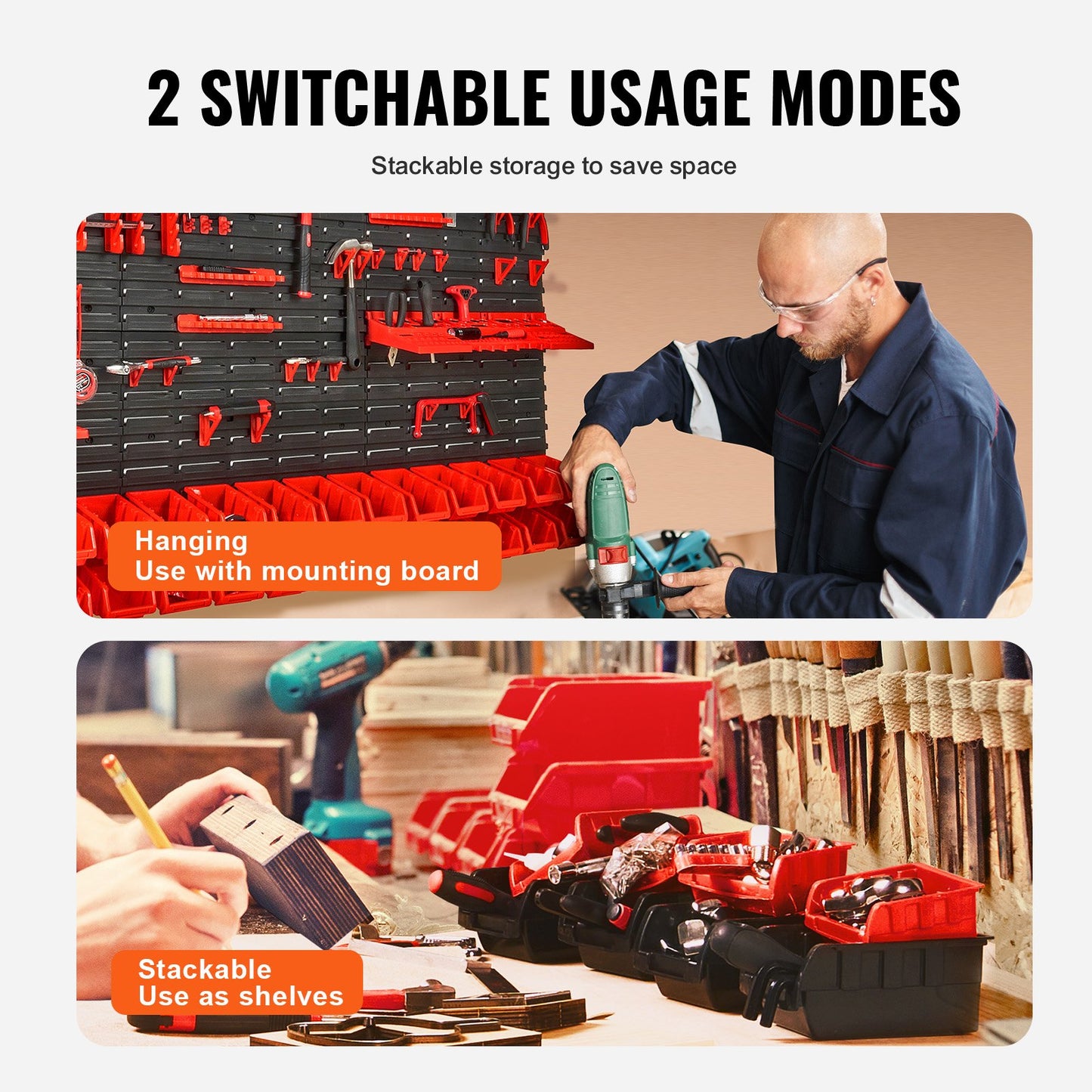 Tool storage system with switchable usage modes, showing hanging and stackable configurations.
