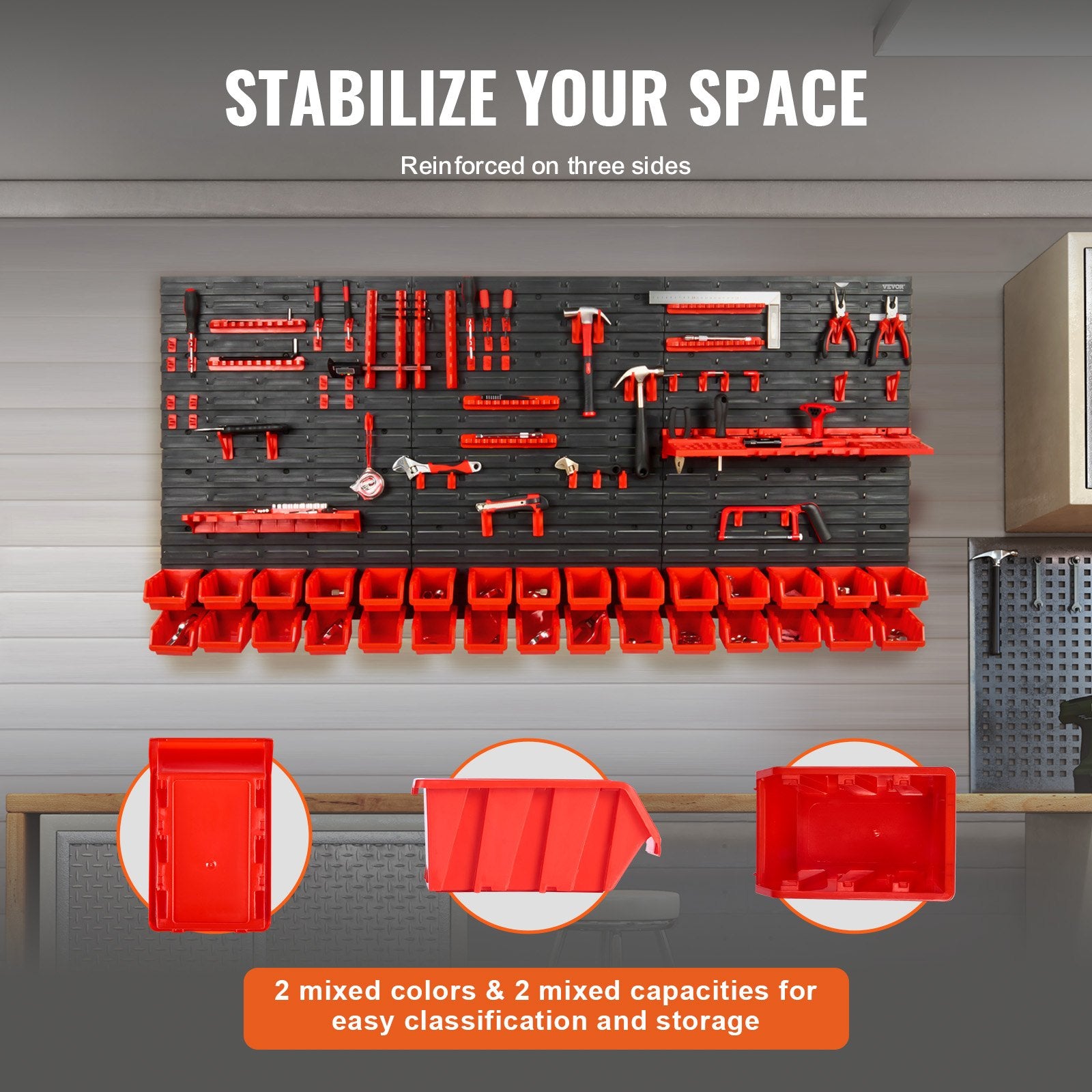 Wall-mounted tool organization system with red and black storage bins in a garage setting.