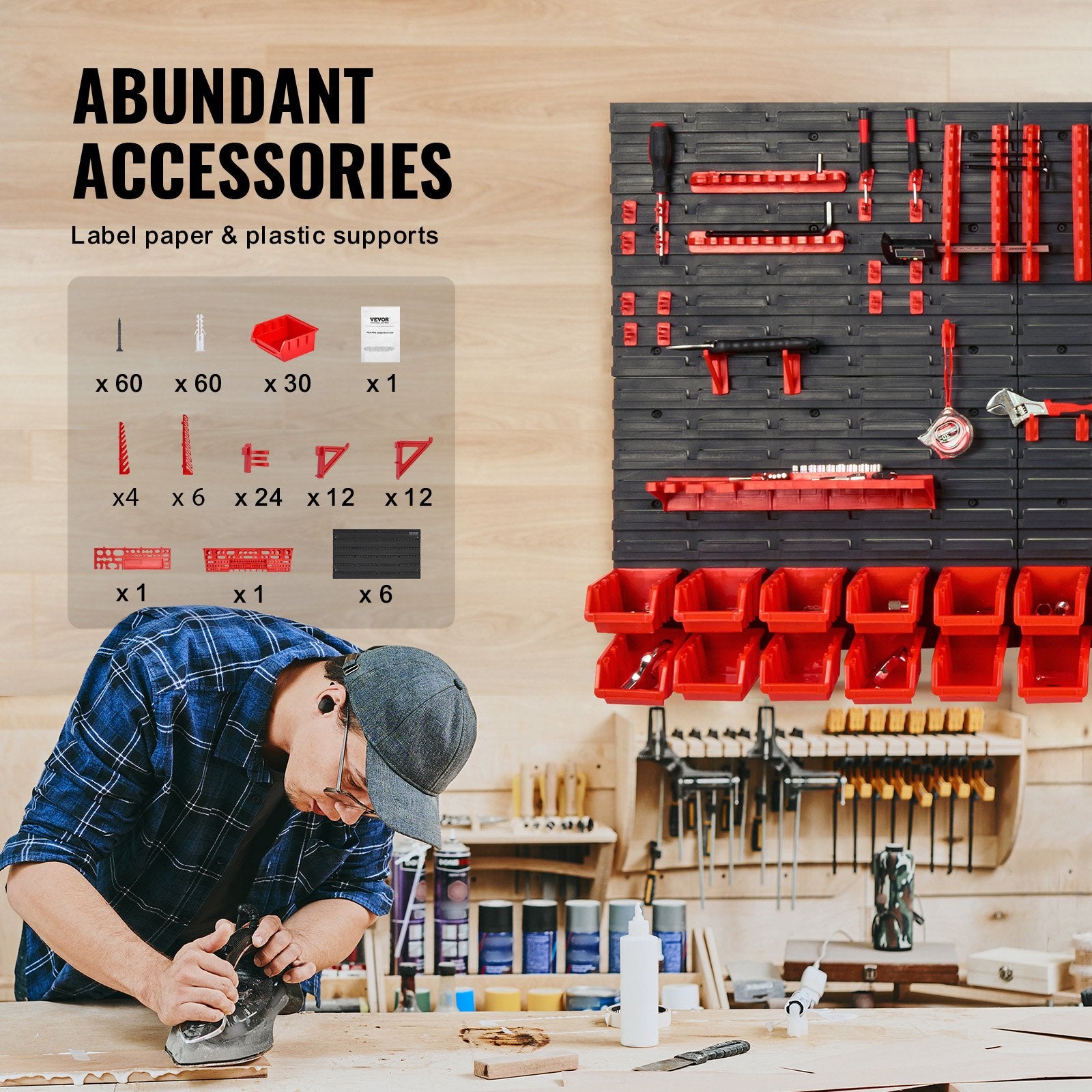 Person working in a workshop with tool storage wall system and accessories.
