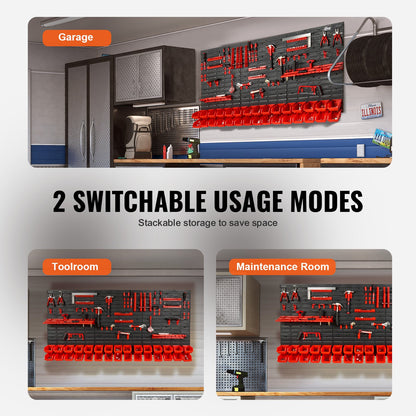 Stackable storage system with switchable usage modes for garage, toolroom, and maintenance room.