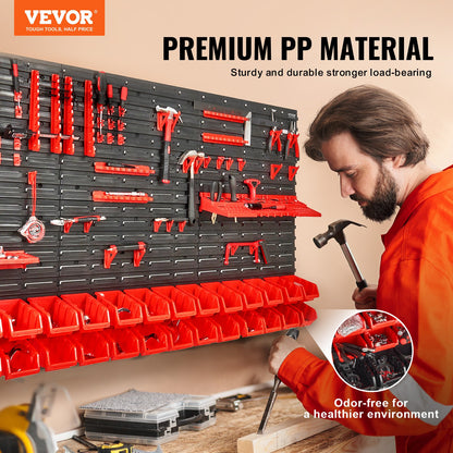 Vevor tool wall organizer with tools and a man working on a project.