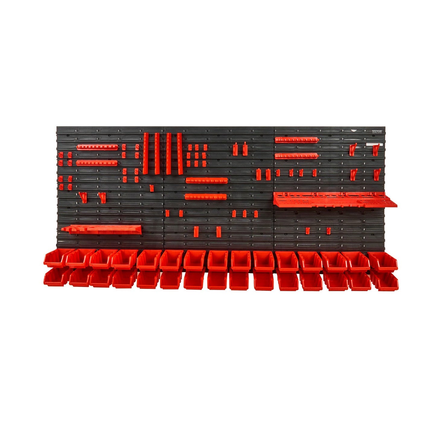 Stackable storage system with black shelves and red bins on a white background