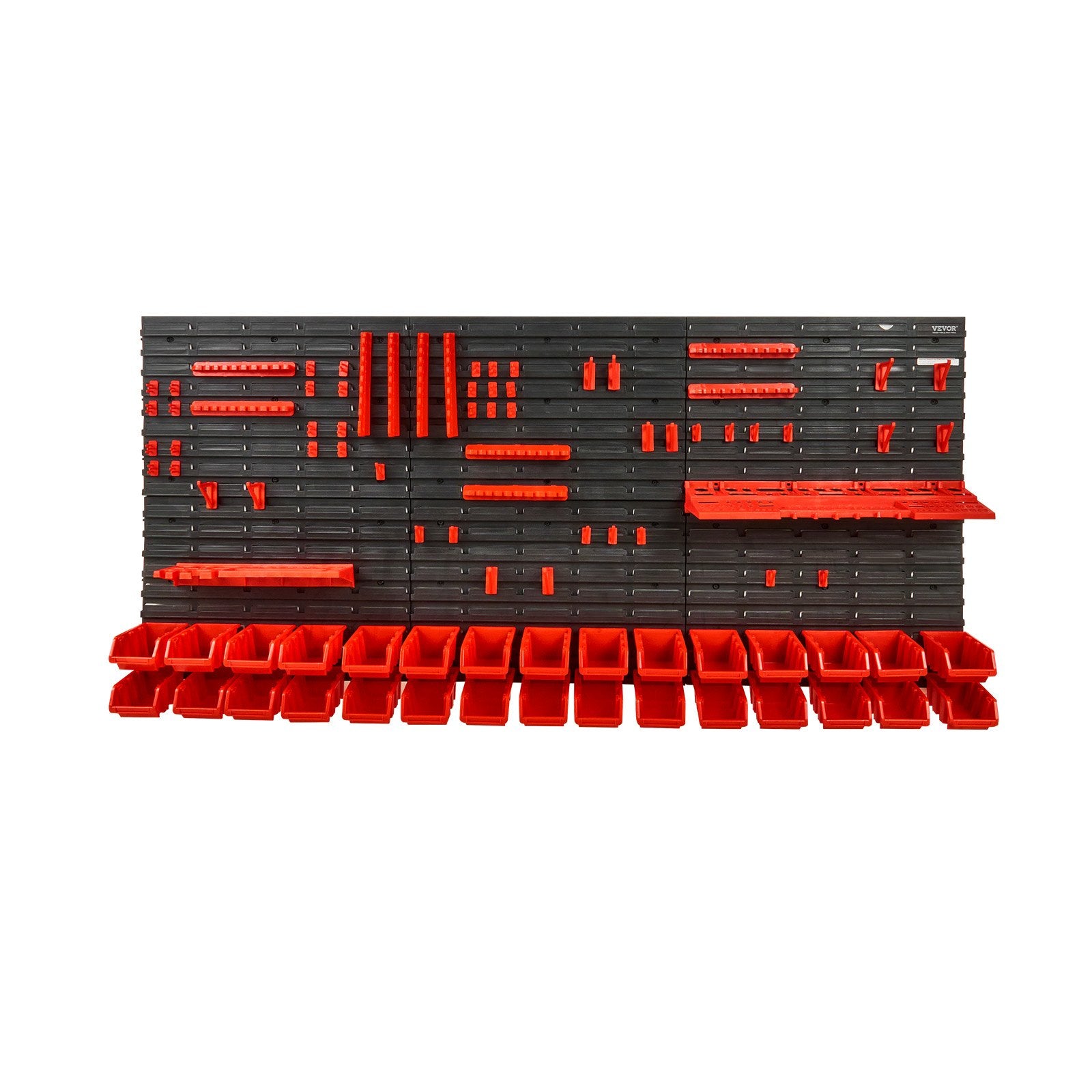 Stackable storage system with black shelves and red bins on a white background