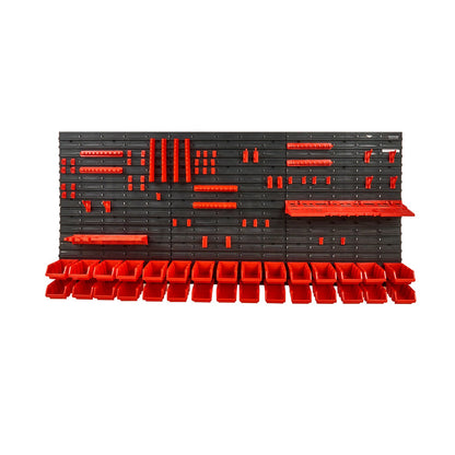 Stackable storage system with black shelves and red bins on a white background